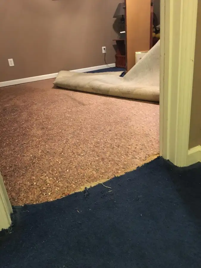 Carpet pad removal revealing water damage during Water Mitigation Services in Ramsey